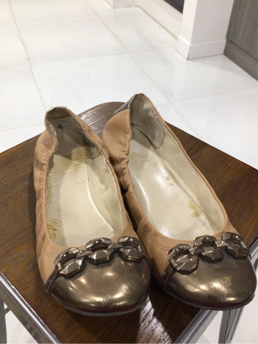 Anne Klein Tan Leather Ballet Flats with Metallic Brown Toe
